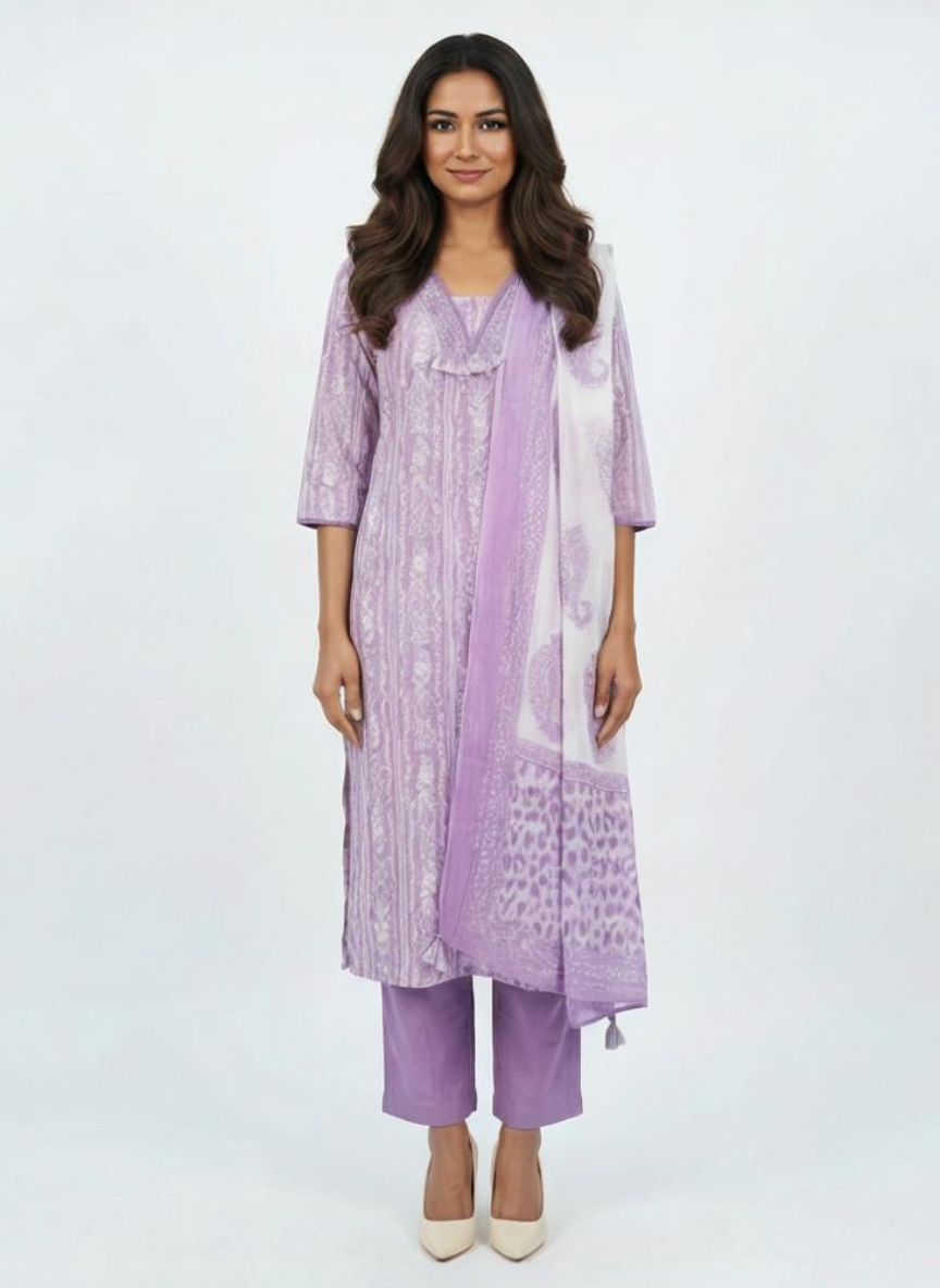 Lavender Printed Kurta Set with Dupatta for Women | Elegant Ethnic Kurti Pant Set | Festive & Office Wear