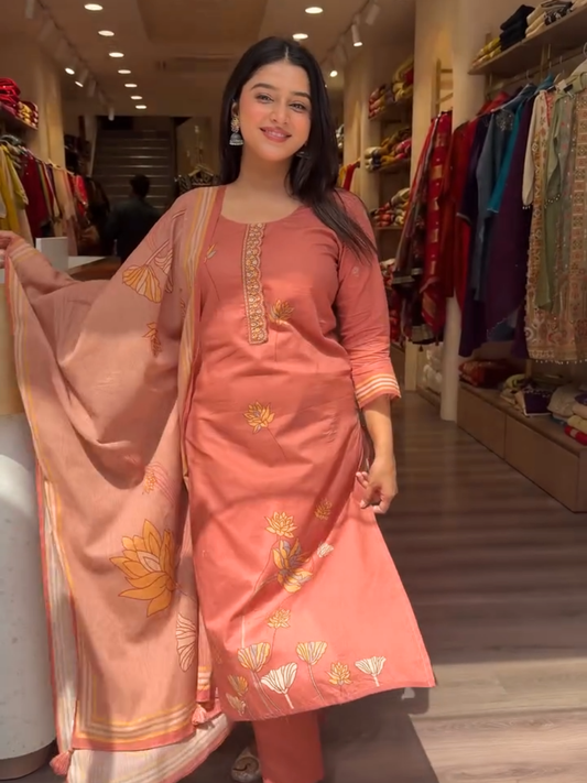 Rust Pink Floral Printed Suit with Dupatta for Women