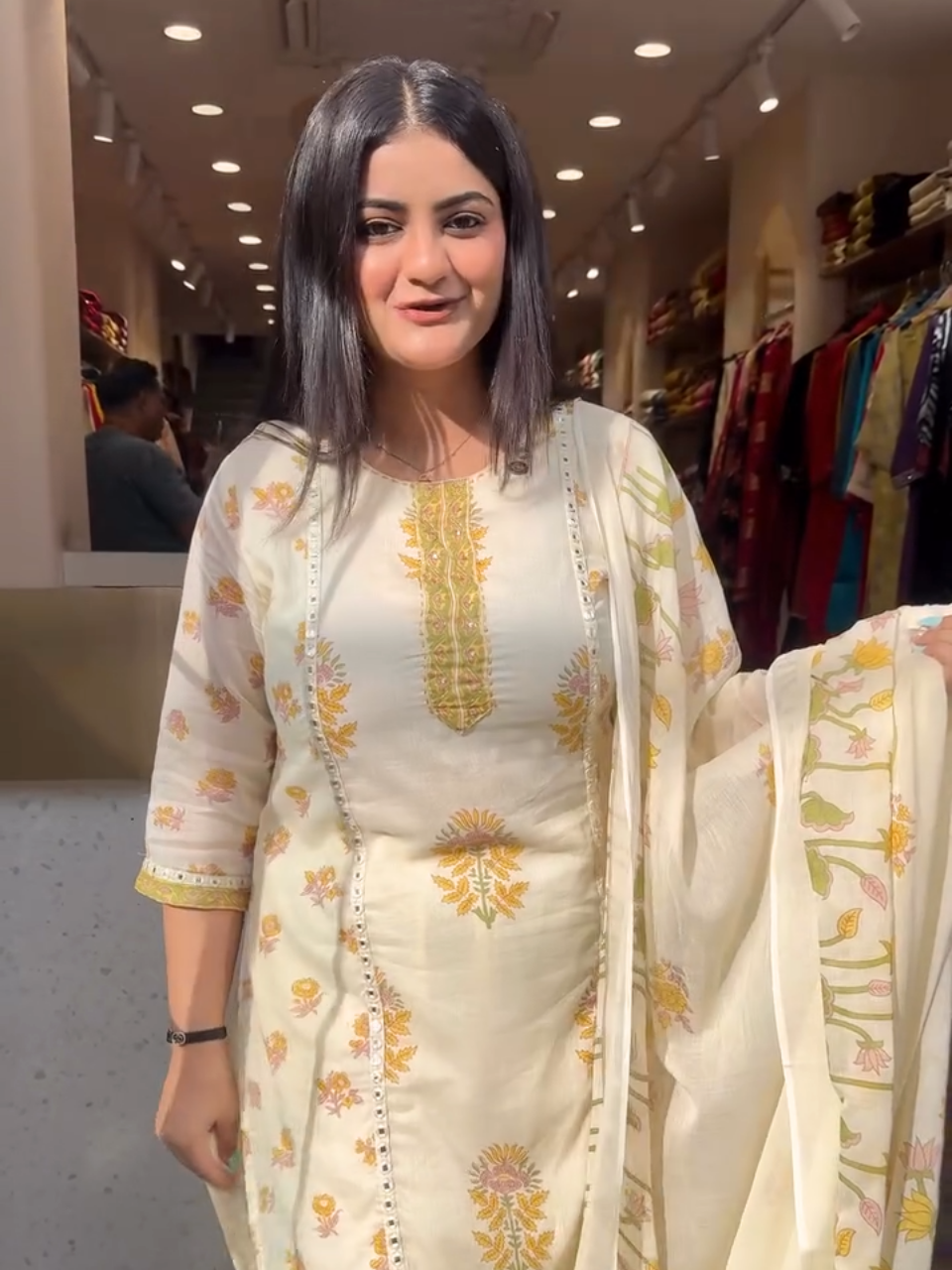 Cream Floral Printed Kurta Set with Dupatta for Women | Elegant Ethnic Wear