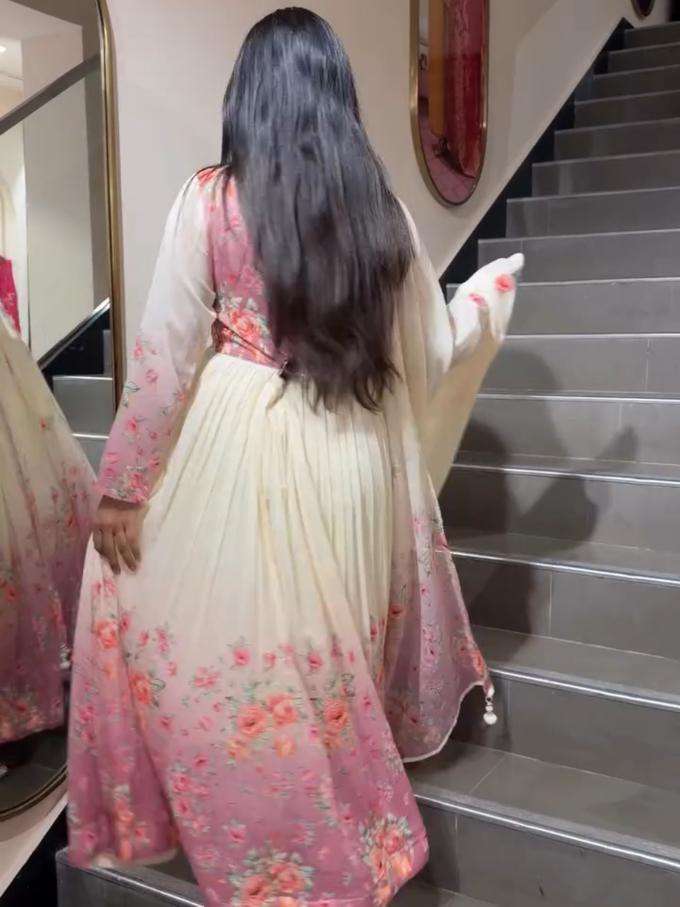 Ivory Pink Floral Anarkali Suit Set with Dupatta for Women