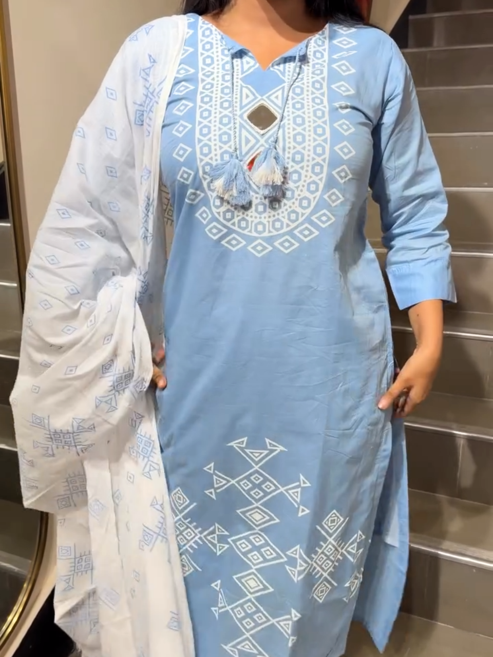 Elegant Sky Blue Printed Cotton Kurta Pant Set with Dupatta for Women