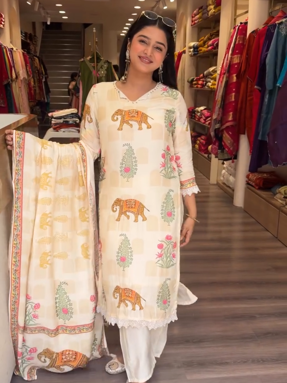 Cream Elephant Printed Kurta Set with Dupatta for Women | Elegant Ethnic Wear