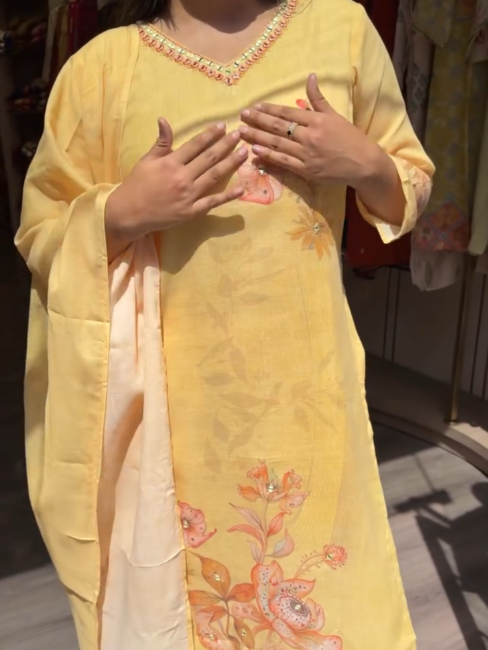 Sunshine Yellow Floral Printed Cotton Kurta Set with Dupatta for Women