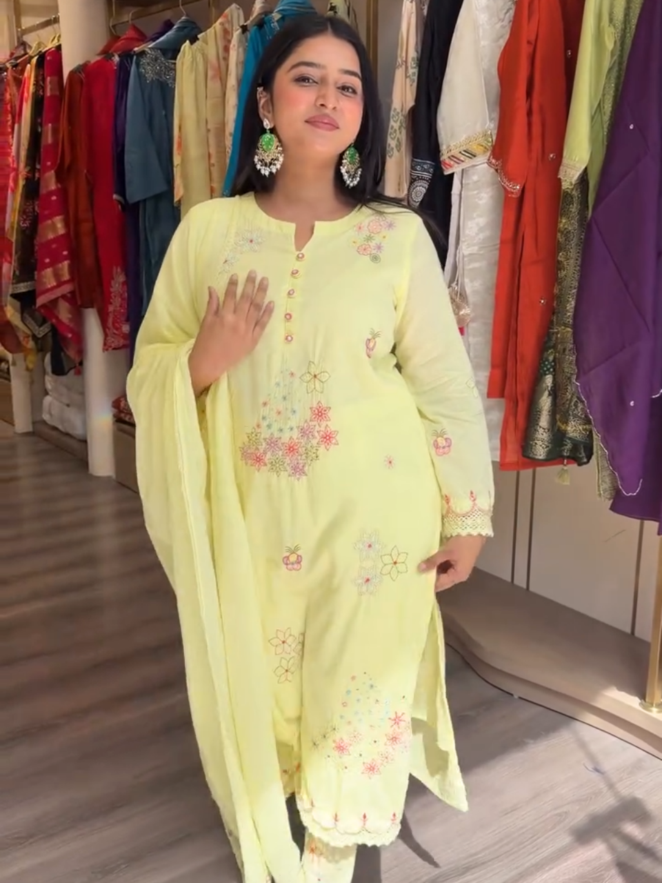 Pastel Yellow Floral Embroidered Kurta Pant Set with Dupatta for Women