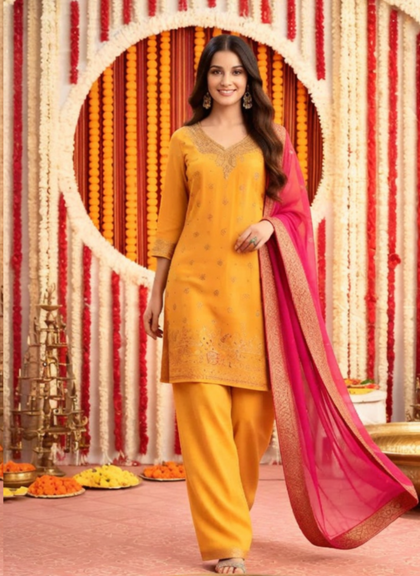 Mustard Yellow Embroidered Kurta Pant Set with Pink Dupatta for Women | Festive Ethnic Wear Suit