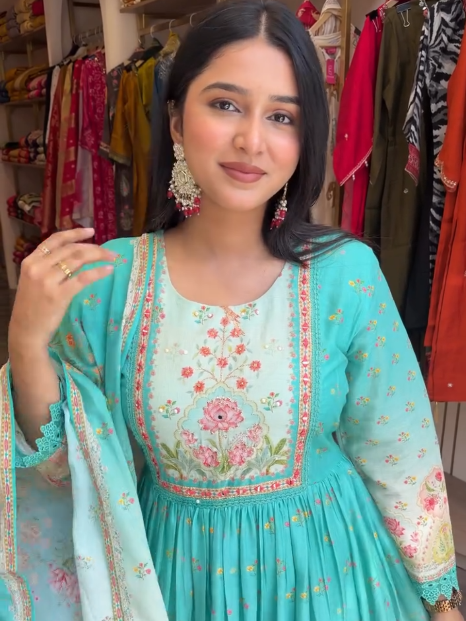 Sky Blue Floral Anarkali Cotton Kurta Set with Dupatta for Women