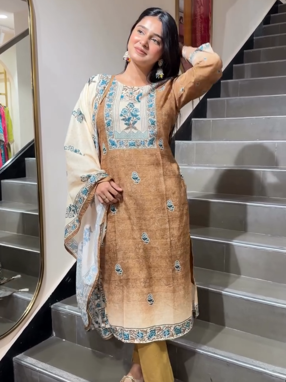 Elegant Brown Floral Printed Cotton Kurta Set with Dupatta for Women