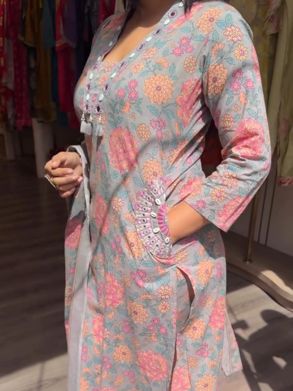 Pastel Grey Floral Printed Cotton Kurta Set with Dupatta for Women