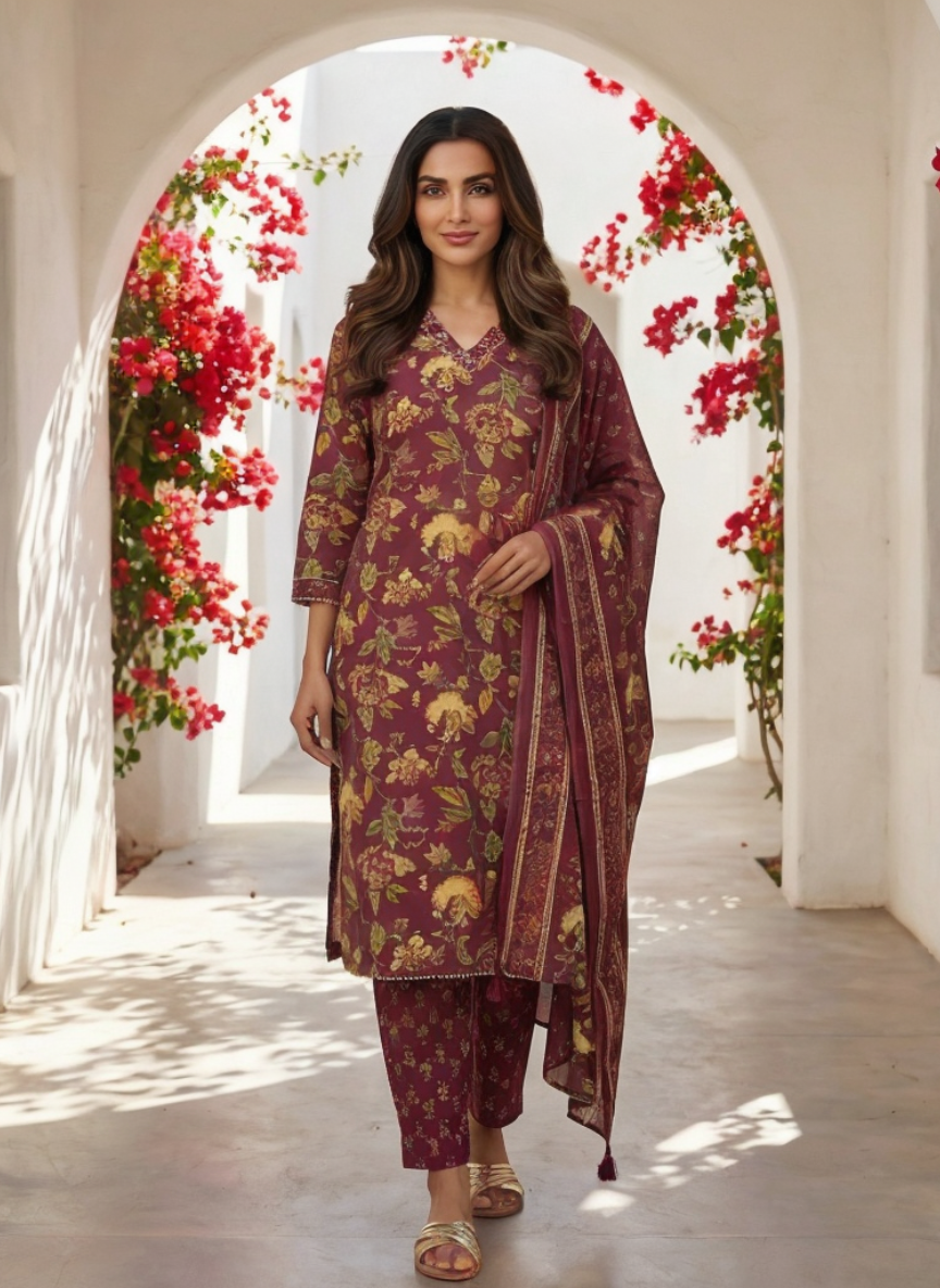 Purple Floral Printed Straight Kurta Pant Set with Dupatta for Women