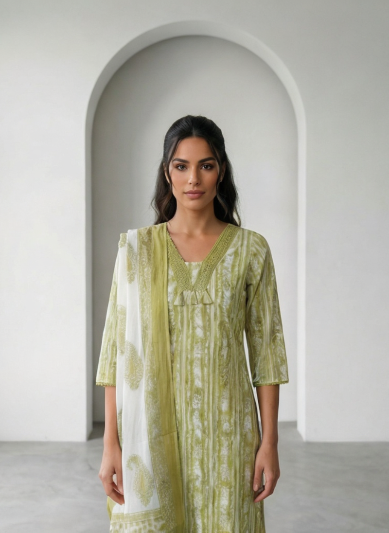 Lime Green Printed Kurta Set with Dupatta for Women | Ethnic Straight Kurti Pant Set | Summer Festive Wear