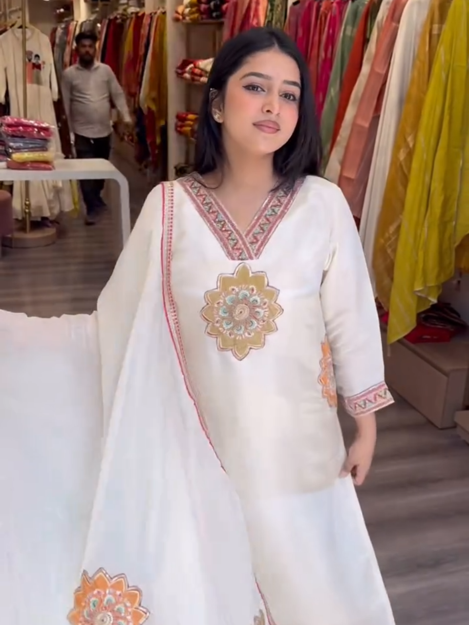 Off White Embroidered Kurta Palazzo Set with Dupatta for Women | Elegant Festive Ethnic Wear