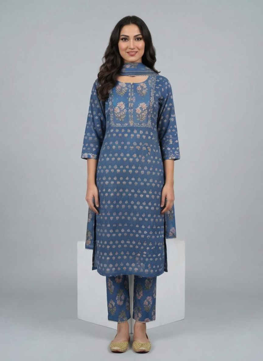Women Blue Printed Cotton Kurta Pant Dupatta Set