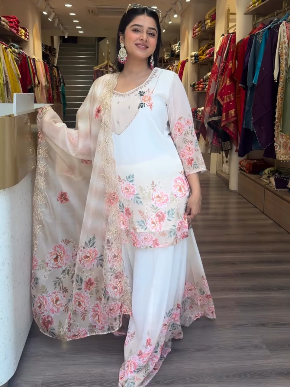 Elegant White Floral Printed Sharara Suit Set for Women