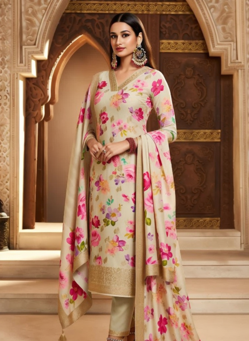Elegant Cream Floral Print Straight Suit 3 Piece Set for Women