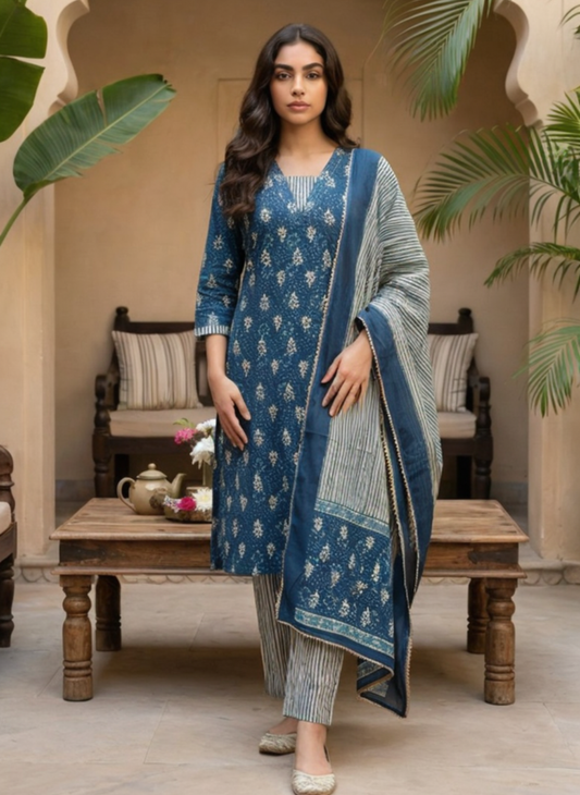 Women Indigo Blue Printed Kurta Pant Set with Dupatta