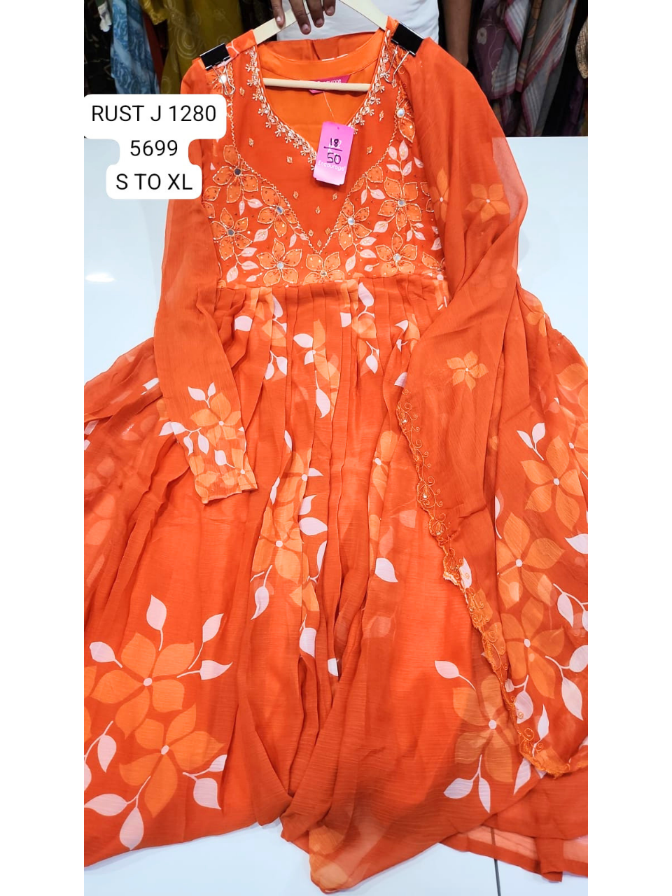 Rust Orange Floral Printed Anarkali Kurta Set with Dupatta for Women