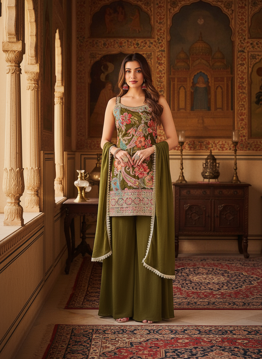 Olive Green Floral Embroidered Georgette Sharara Suit with Dupatta