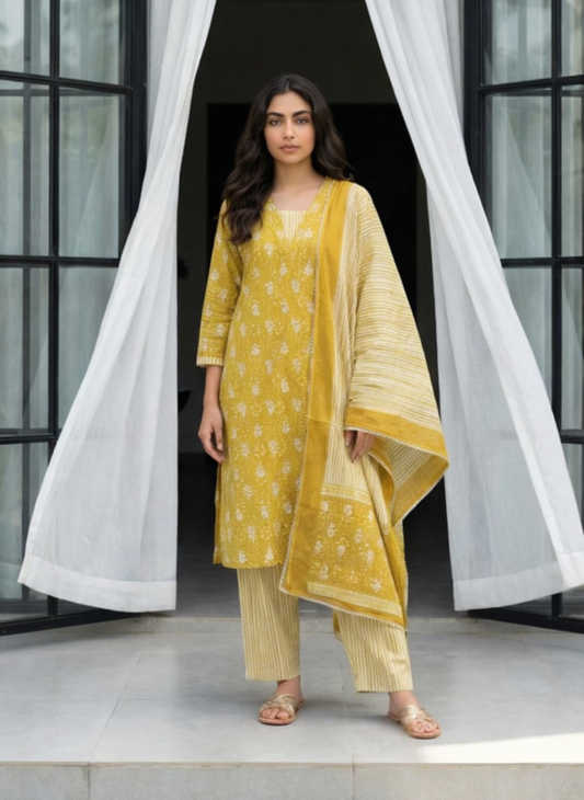 Women Mustard Yellow Printed Kurta Pant Set with Dupatta