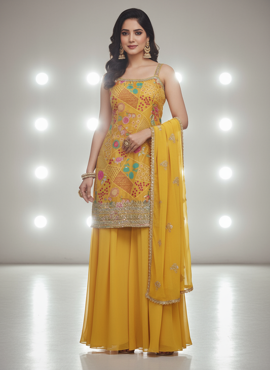 Sunshine Yellow Embroidered Georgette Sharara Suit with Dupatta for Women | Festive & Wedding Wear