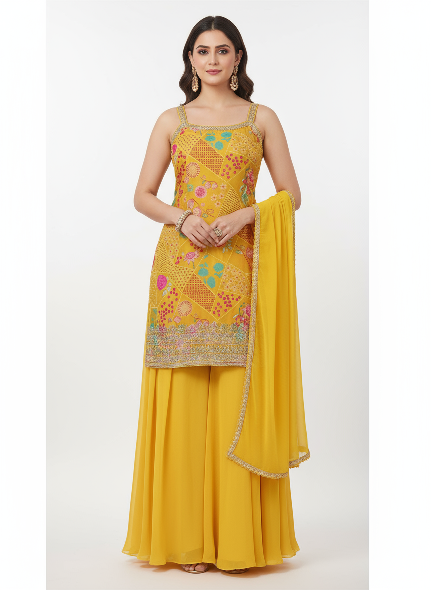 Sunshine Yellow Embroidered Georgette Sharara Suit with Dupatta for Women | Festive & Wedding Wear