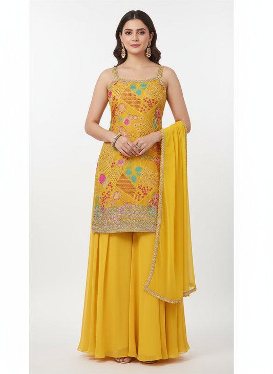 Sunshine Yellow Embroidered Georgette Sharara Suit with Dupatta for Women | Festive & Wedding Wear