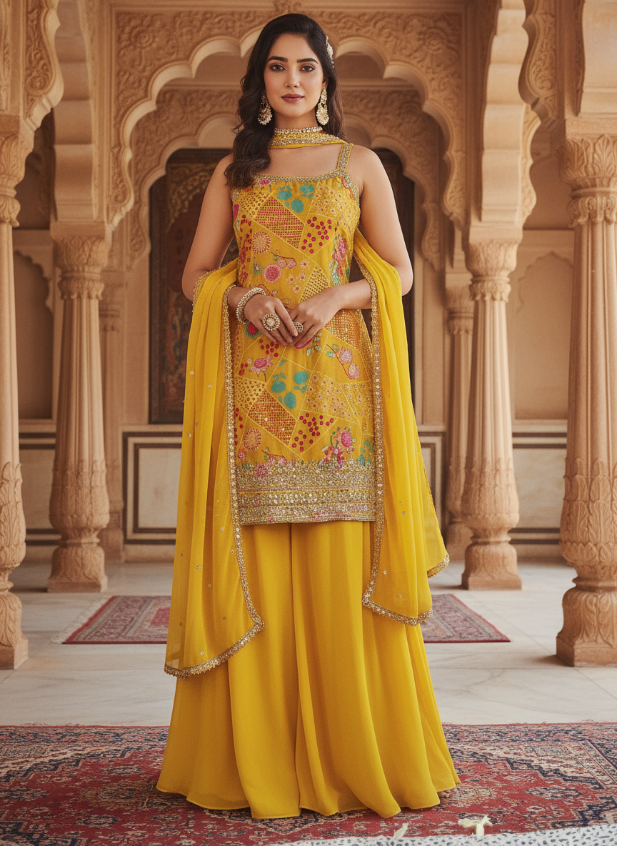 Sunshine Yellow Embroidered Georgette Sharara Suit with Dupatta for Women | Festive & Wedding Wear