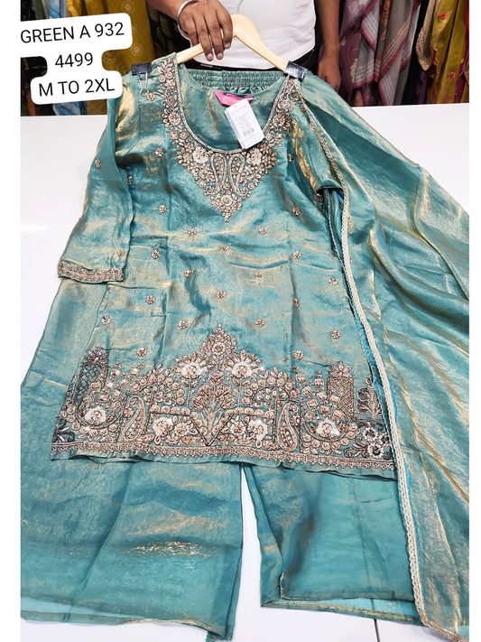 Elegant Sea Green Embroidered Kurta Palazzo Set with Dupatta for Women