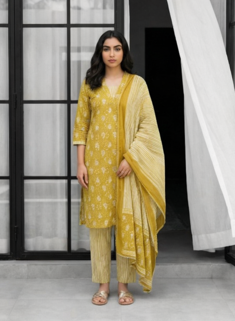 Women Mustard Yellow Printed Kurta Pant Set with Dupatta