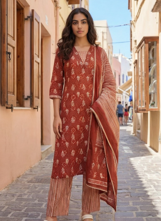 Women Rust Red Printed Kurta Pant Set with Dupatta