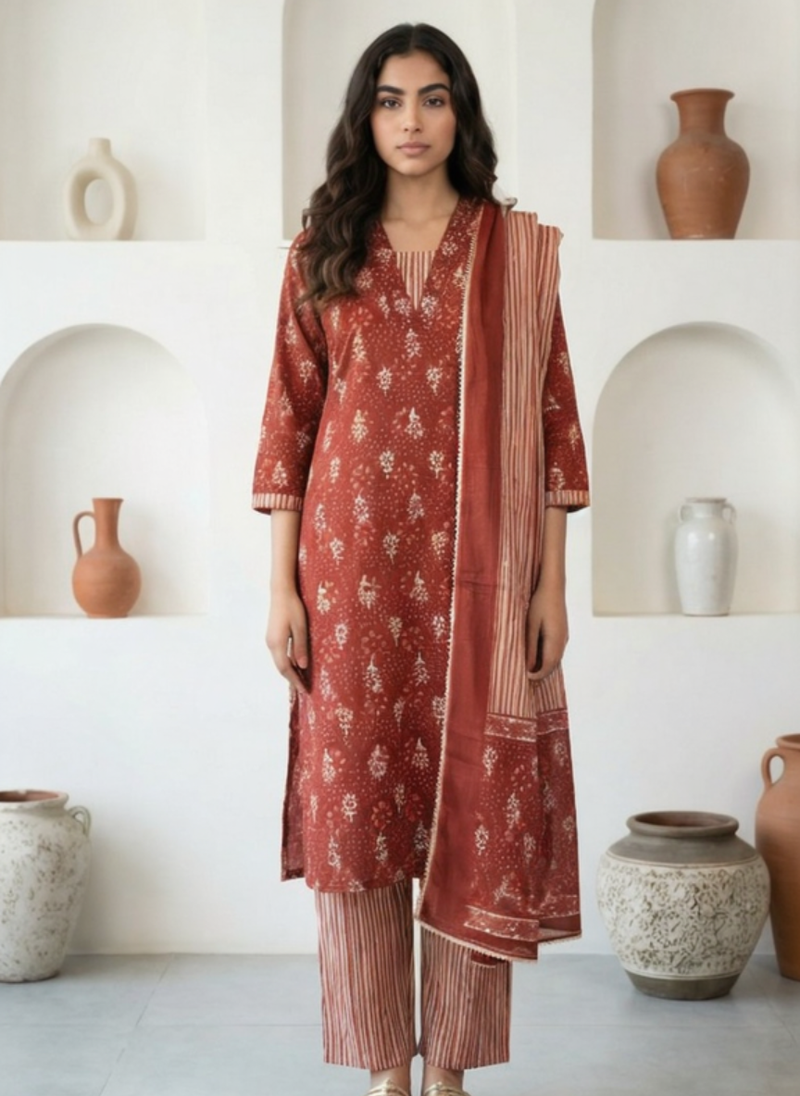 Women Rust Red Printed Kurta Pant Set with Dupatta
