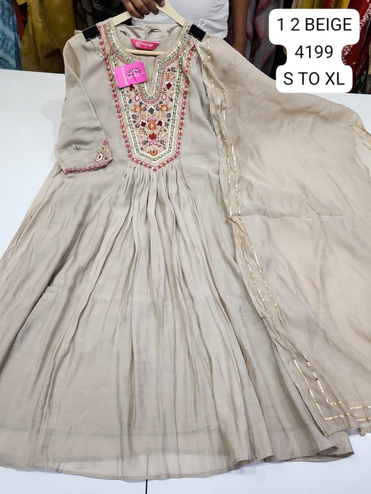 Beige Embroidered Anarkali Kurta Set with Dupatta for Women – Elegant Ethnic Wear