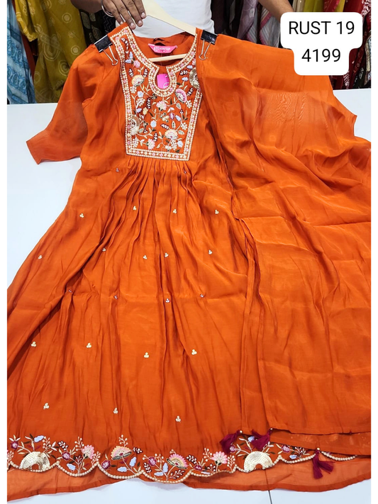 Rust Orange Embroidered Anarkali Kurta Set with Dupatta for Women