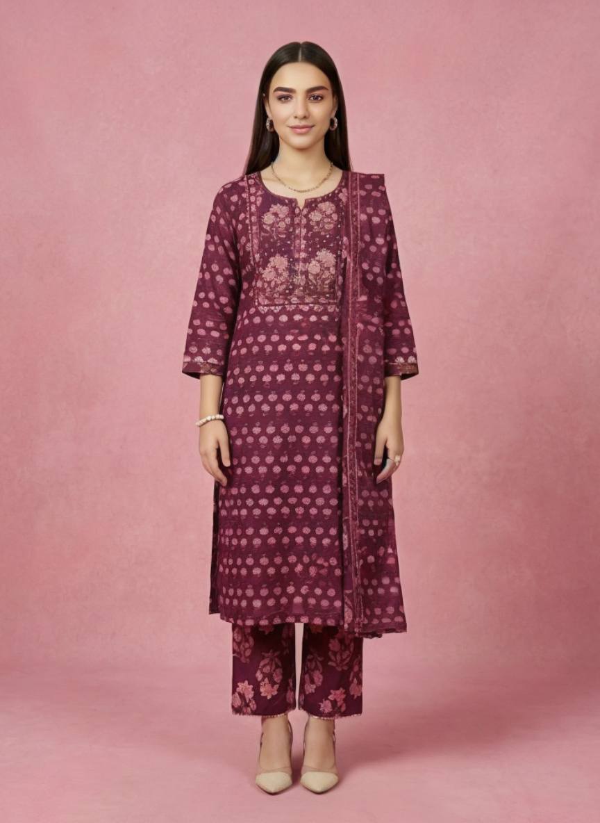 Women Maroon Printed Cotton Kurta Pant Dupatta Set