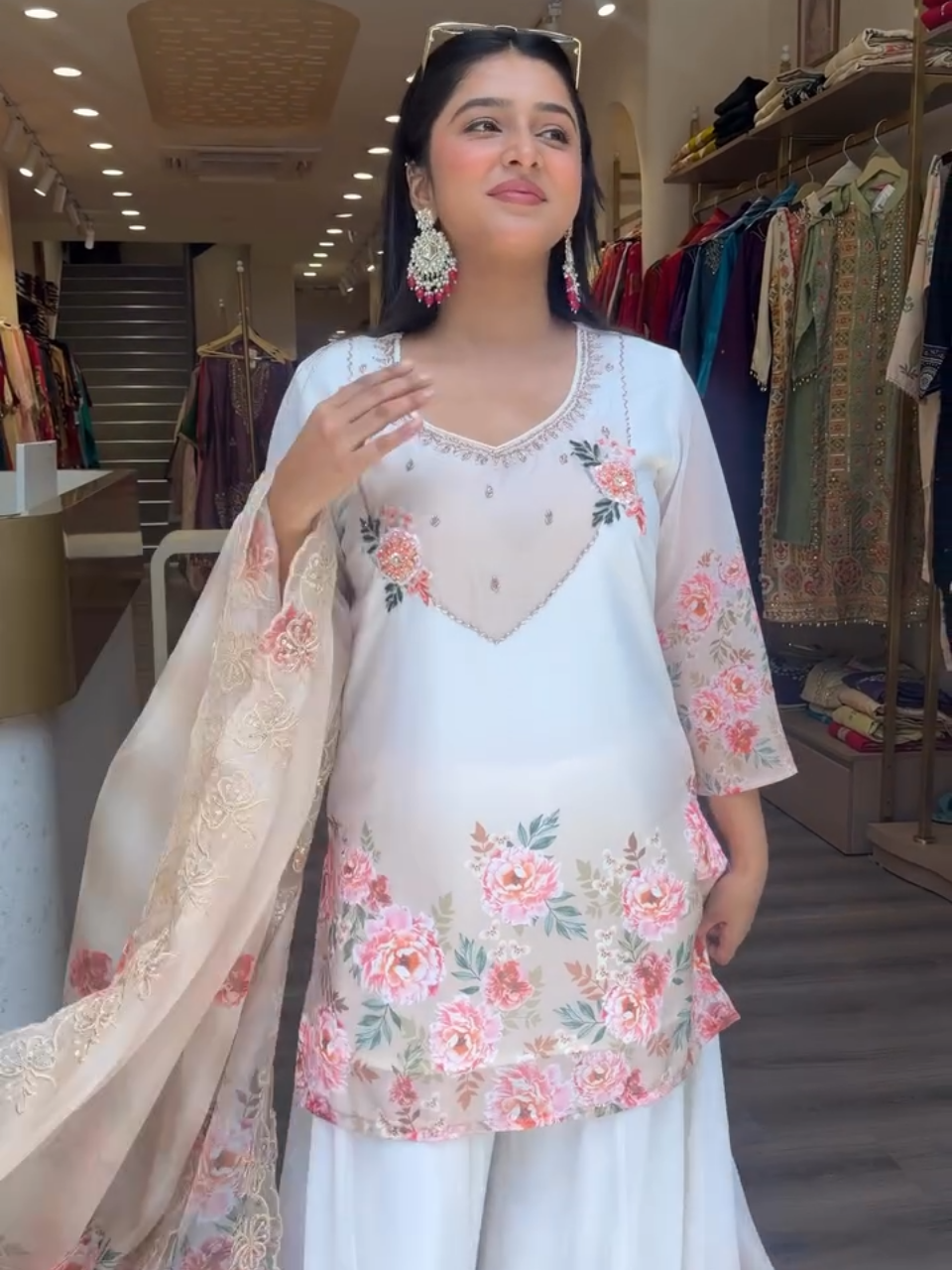 Elegant White Floral Printed Sharara Suit Set for Women