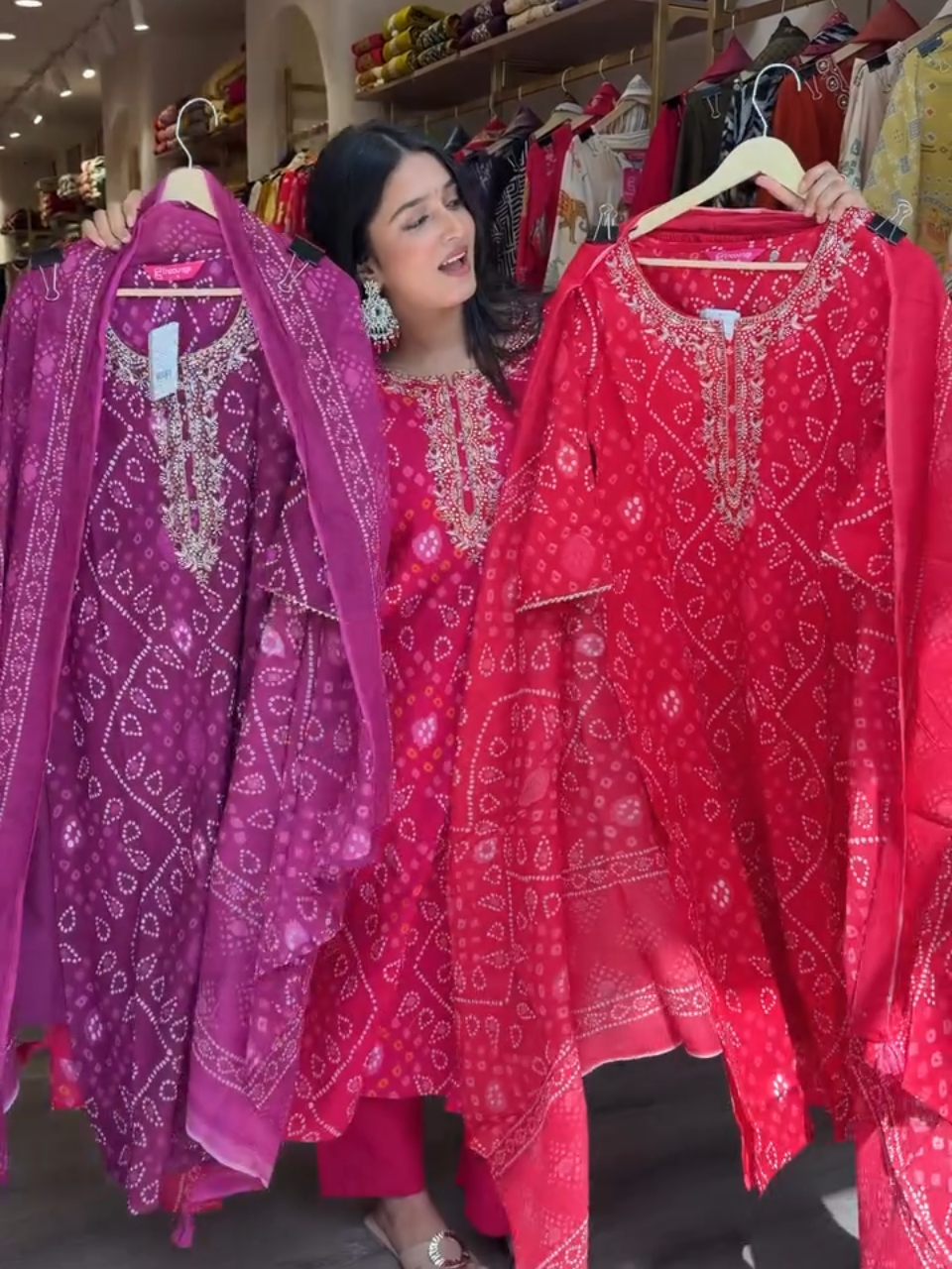 Rani Pink Bandhani Printed Cotton Kurta Set with Dupatta for Women