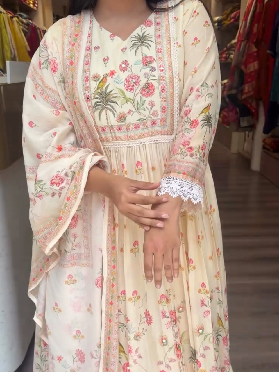 Elegant Floral Anarkali Suit with Dupatta for Women – Cream Pink Ethnic Wear