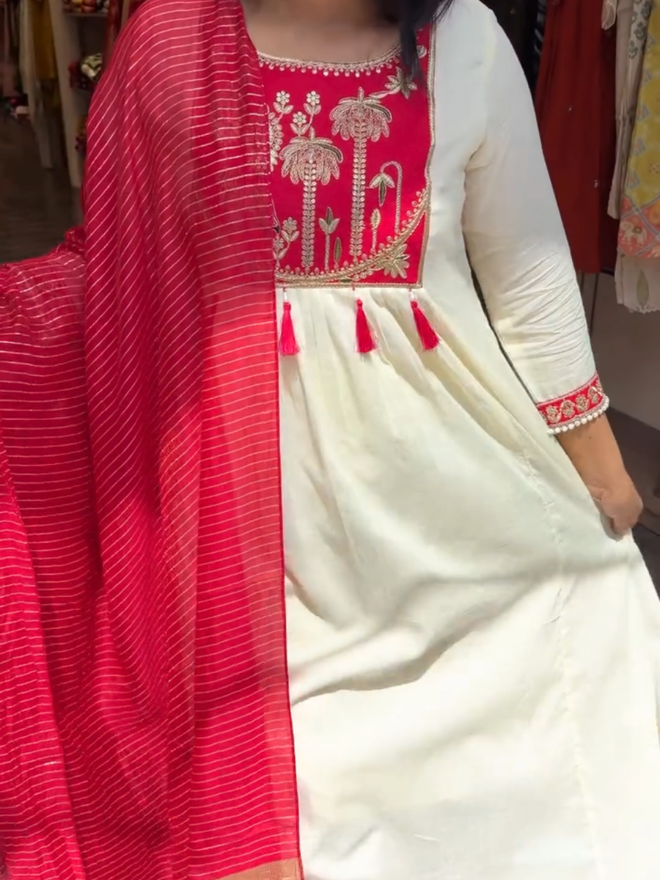 Elegant White & Red Embroidered Anarkali Kurta Set with Dupatta for Women