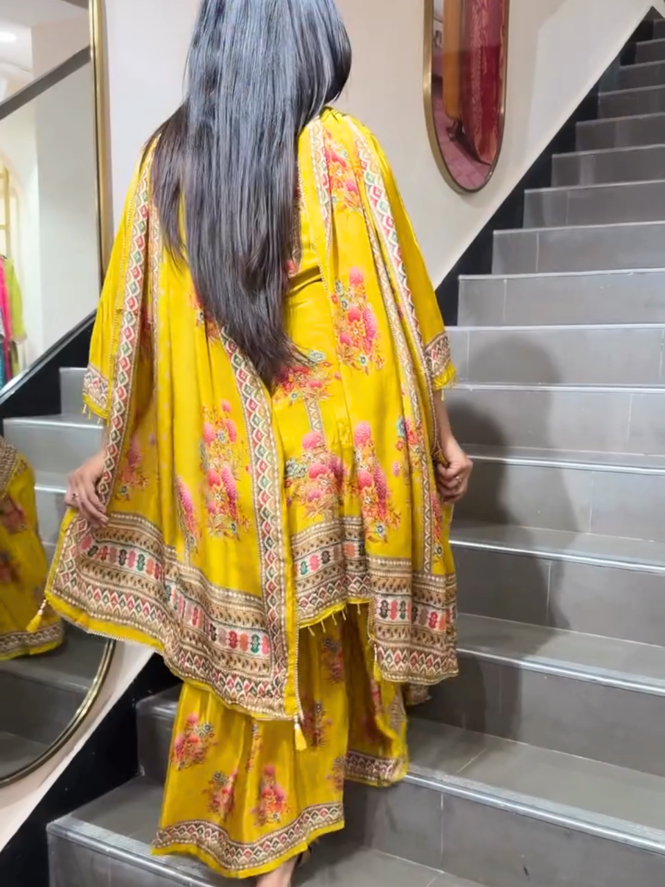 Mustard Yellow Floral Printed Sharara Suit Set with Dupatta for Women