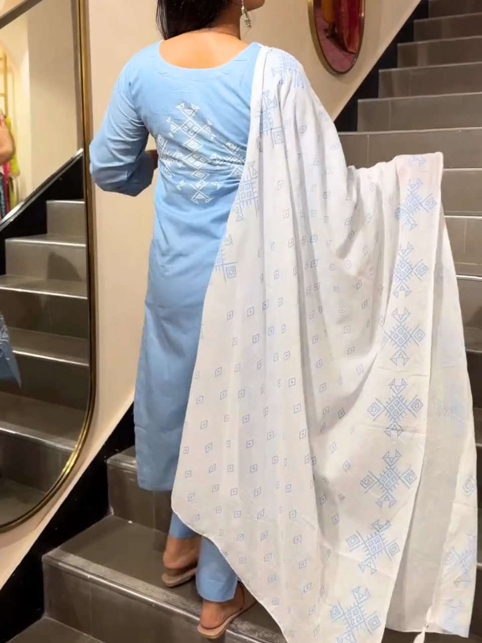 Elegant Sky Blue Printed Cotton Kurta Pant Set with Dupatta for Women