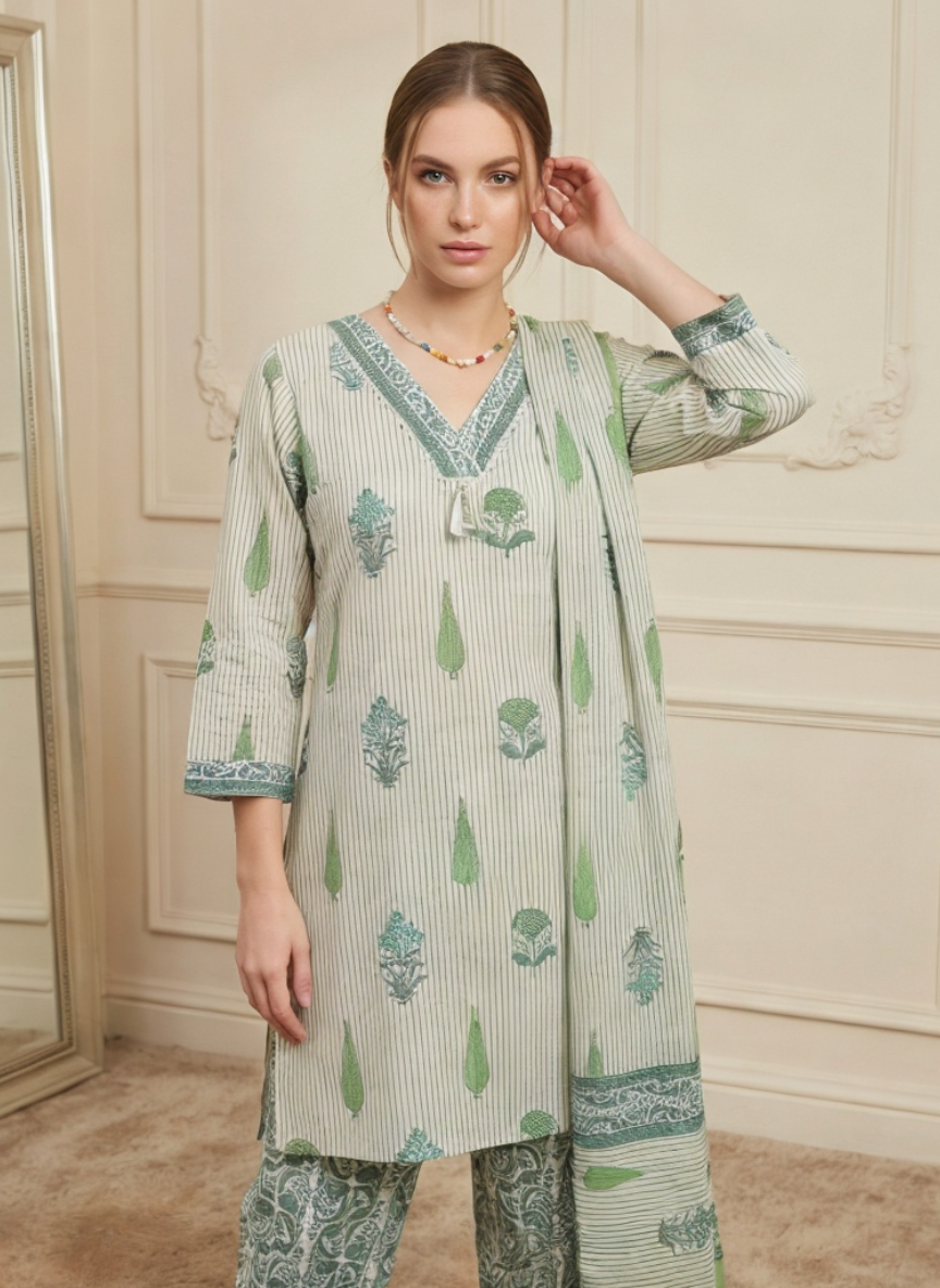 Green Cotton Printed Kurta Set with Dupatta for Women | Summer Ethnic Wear