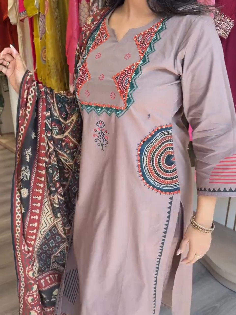 Taupe Brown Printed Kurta Set with Designer Dupatta – Women's 3 Piece Ethnic Suit Set