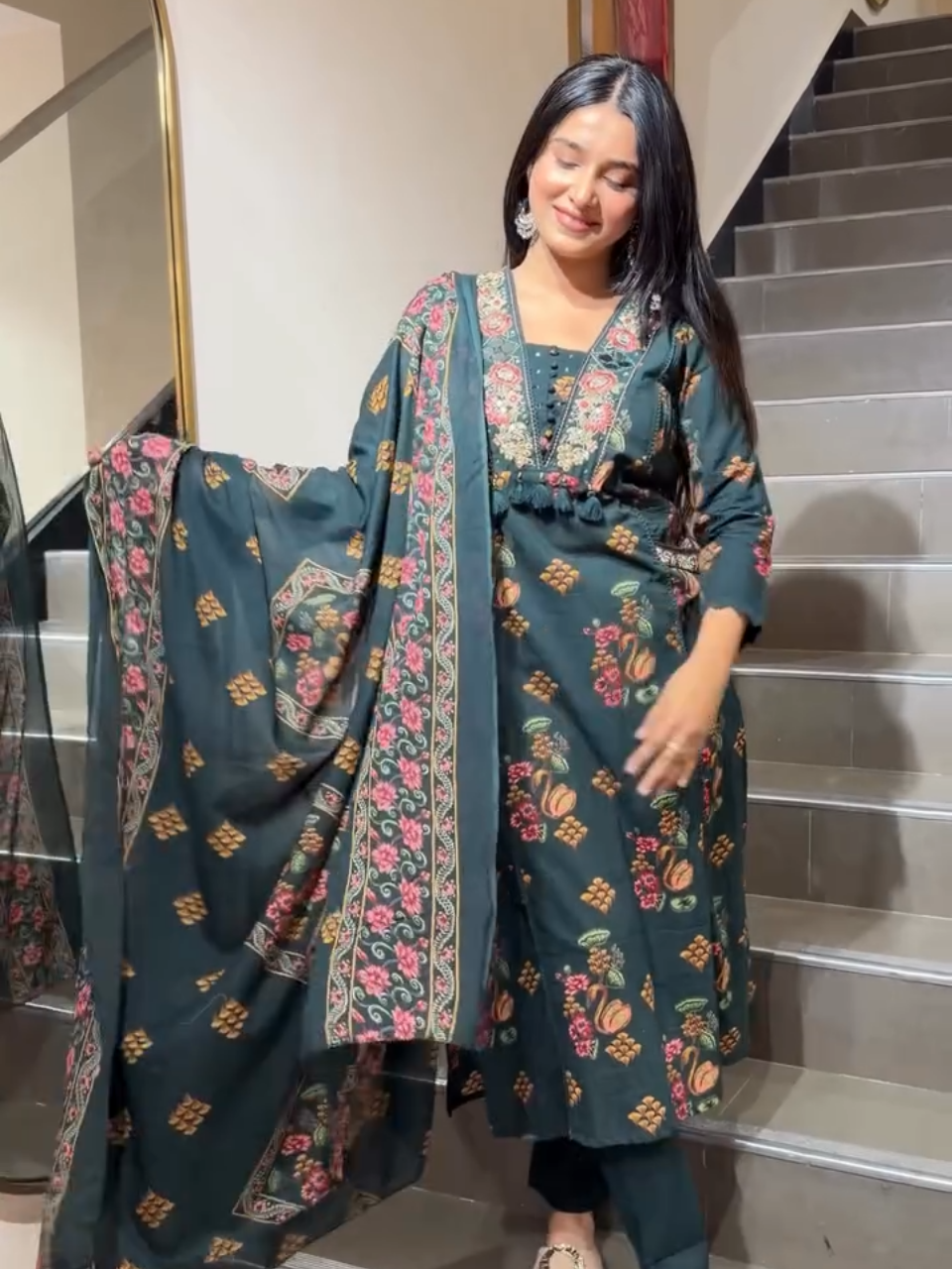 Elegant Dark Green Floral Printed Suit with Dupatta for Women