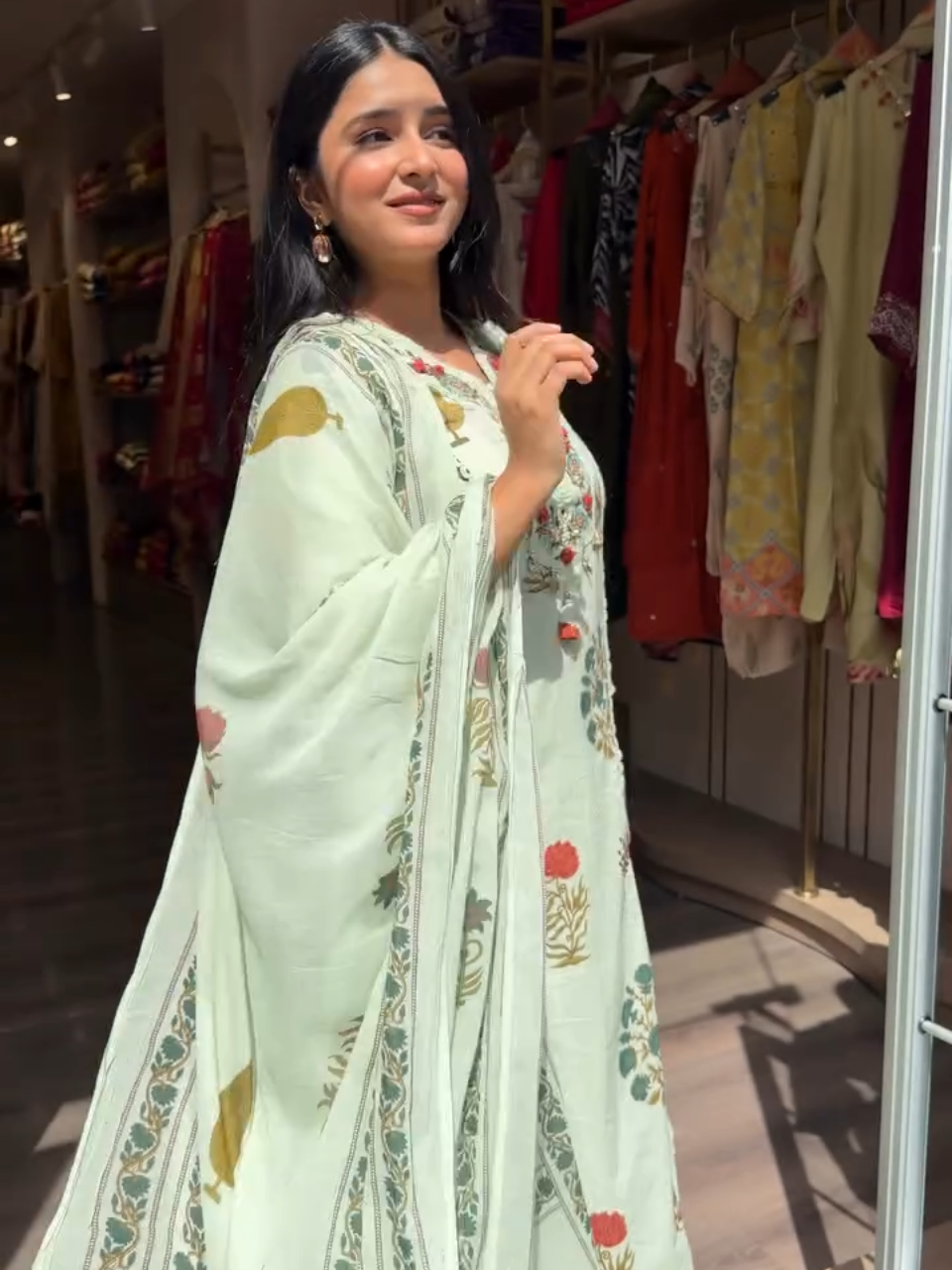 Elegant Sage Green Floral Printed Kurta Pant Set with Dupatta for Women