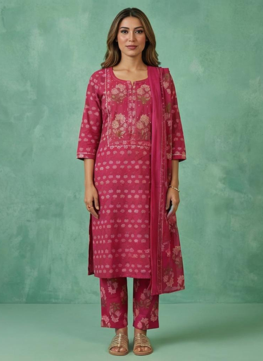 Women Rani Pink Printed Cotton Kurta Pant Dupatta Set