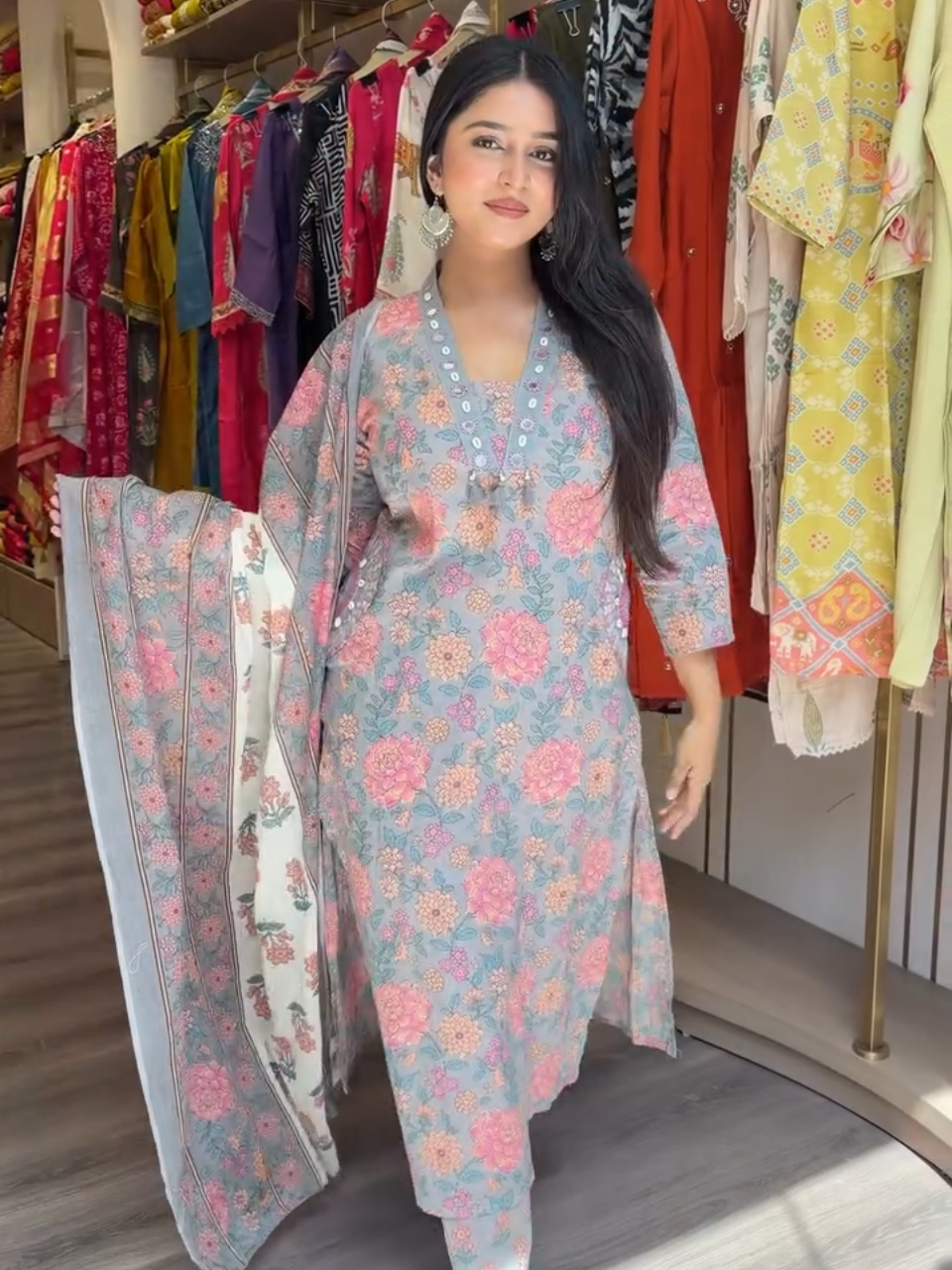 Pastel Grey Floral Printed Cotton Kurta Set with Dupatta for Women