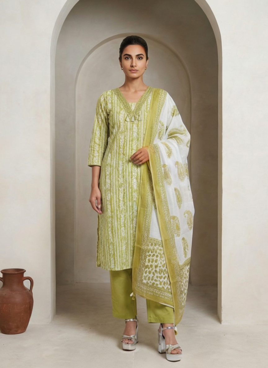 Lime Green Printed Kurta Set with Dupatta for Women | Ethnic Straight Kurti Pant Set | Summer Festive Wear