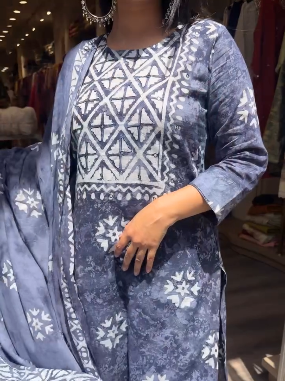 Blue Geometric Printed Kurta Set with Dupatta for Women | Trendy Ethnic Wear