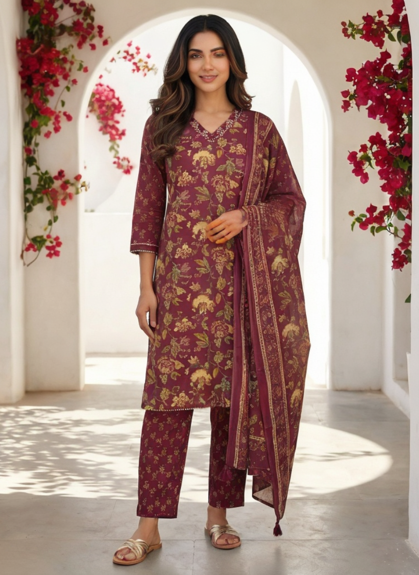 Purple Floral Printed Straight Kurta Pant Set with Dupatta for Women