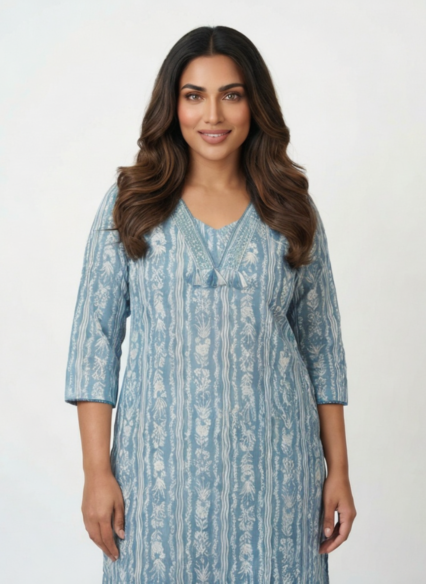 Women Sky Blue Printed Cotton Kurta Pant Dupatta Set