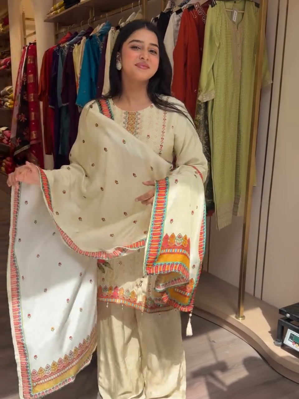 Ivory Floral Embroidered Kurta Palazzo Set with Printed Dupatta for Women